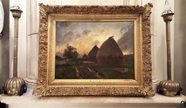 Антикварная картина «Сельский пейзаж со стогами»