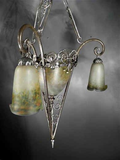 антикварная люстра ар нуво из стекла и бронзы, начало 20 века