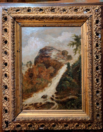 антикварная картина водопад 19 века