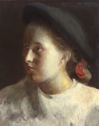 Антикварная картина "Девушка в шляпе"