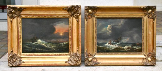 антикварные парные картины маслом, кораблекрушение флота, 19 век
