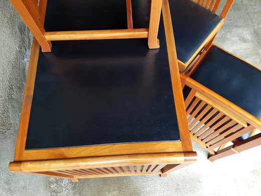 винтажный стол и стулья из дерева по проекту Фрэнка Ллойда Райта из дерева и кожи купить в Москве