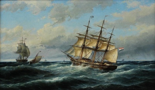 антикварная картина маслом на холсте военно-морской флот Корнелиса Кристиана Доммершуйзена в раме из дерева