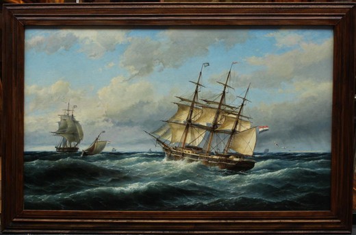старинная картина маслом на холсте военно-морской флот Корнелиса Кристиана Доммершуйзена в раме из дерева