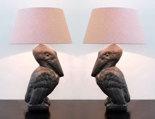 антикварные парные настольные светильники пеликаны из керамики купить в Москве
