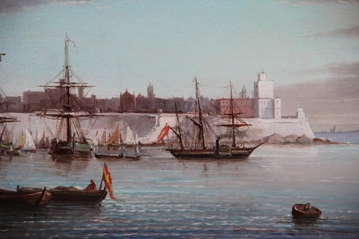 Антикварная картина «Сцена в восточном порту»