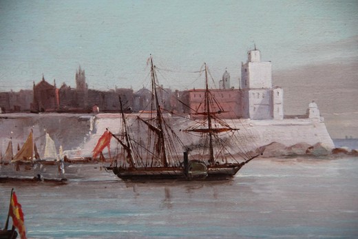 Antique painting "Scene in the eastern port"