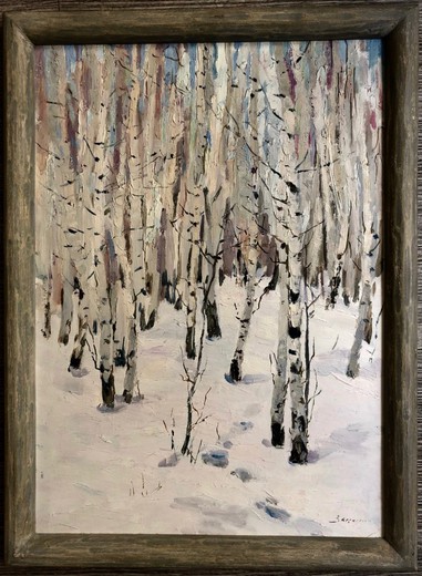 Antique painting "snow birches"