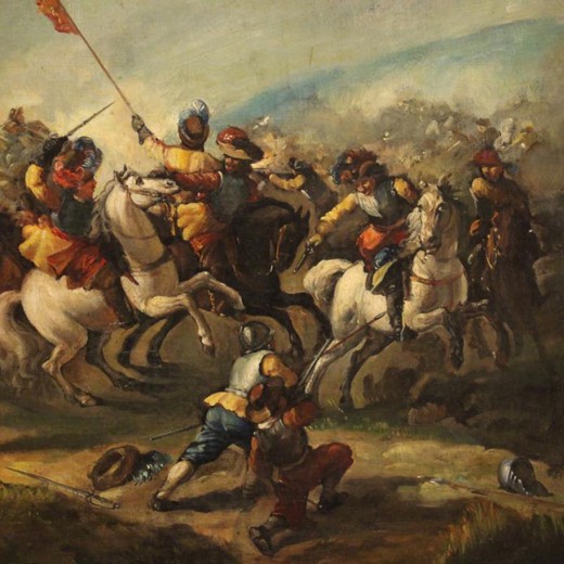 Antique painting "Battle on the bridge"