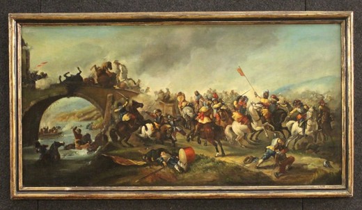 Antique painting "Battle on the bridge"