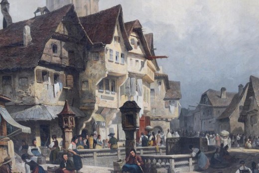 Антикварная картина «День из жизни бретонского рынка»