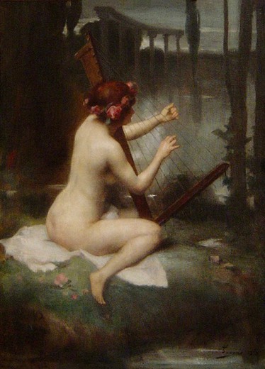 Antique painting "Playing the harp"