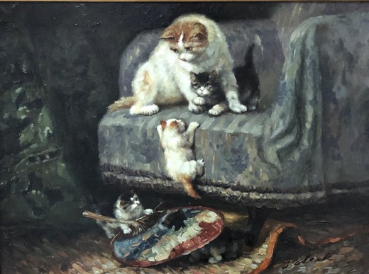 Antique painting "Cat with kittens"
