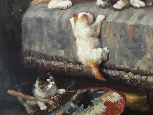 Антикварная картина «Кошка с котятами»