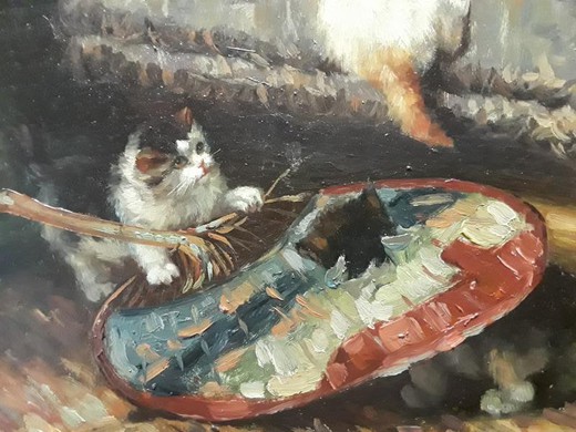 Антикварная картина «Кошка с котятами»