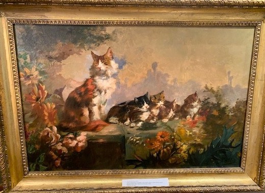 Antique painting "Cats in the garden"
