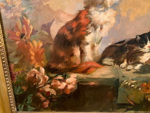 Антикварная картина «Кошки в саду»