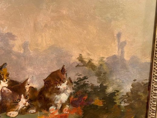 Antique painting "Cats in the garden"