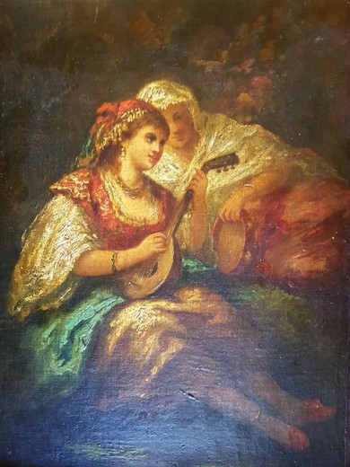 Antique painting "Musical Siesta"