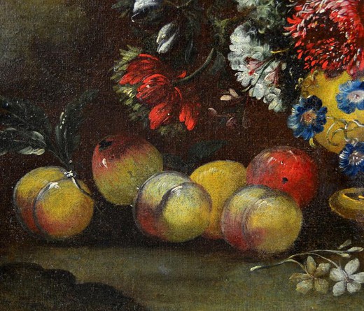 Картина "Натюрморт с цветами и персиками в саду"
