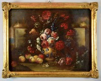 Antique still life painting with flowers and peaches