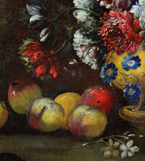 Картина "Натюрморт с цветами и персиками в саду"