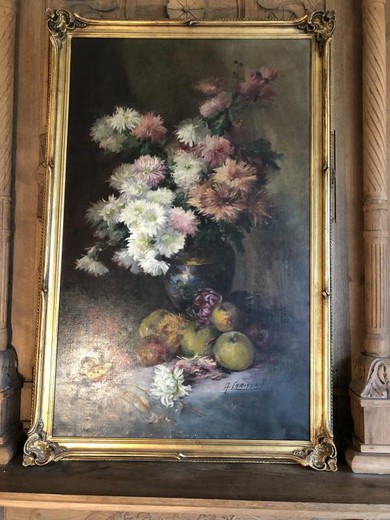 Натюрморт "Букет цветов из георгин и фруктов"