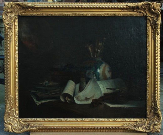 Antique painting with still life with a violin and brushes