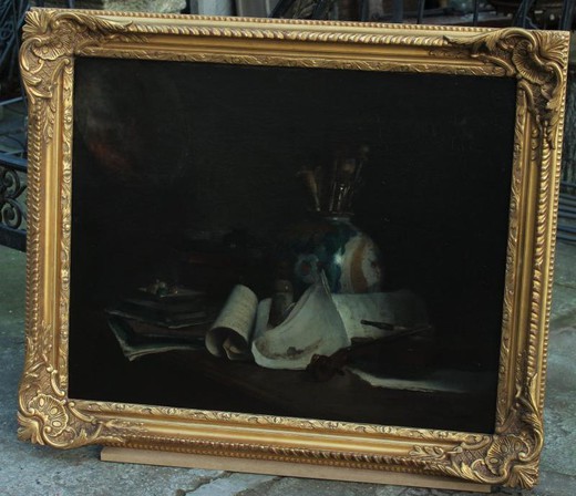 Antique painting with still life with a violin and brushes