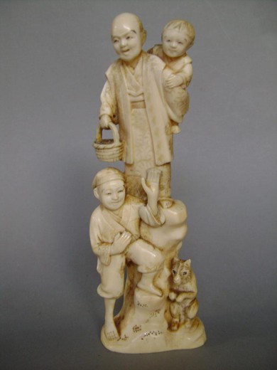 антикварная скульптура из кости дети с лисой в восточном стиле купить в Москве