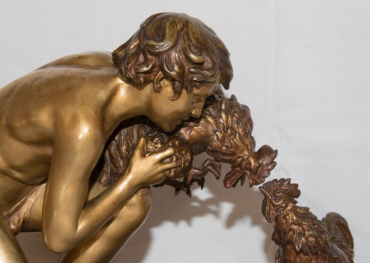 старинная скульптура петушиный бой из золоченой бронзы купить в Москве