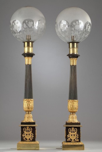 антикварные парные электрофицированные масляные лампы в стиле ампир из бронзы с золочением купить в Москве