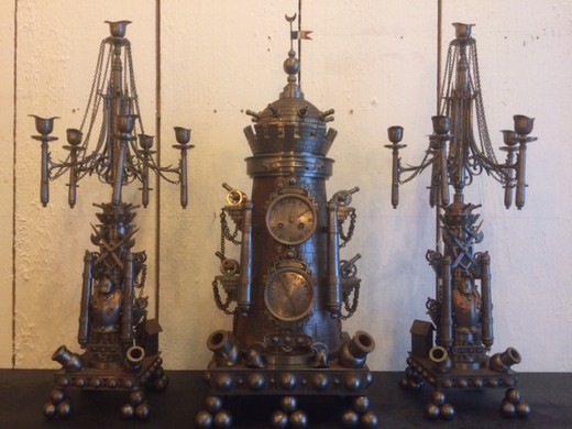 антикварные часы с барометром и парными канделябрами из металла и стали в морской тематике купить в Москве