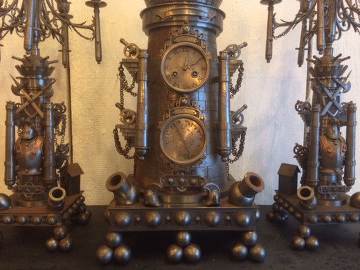 винтажные часы с барометром и парными канделябрами из металла и стали в морской тематике купить в Москве