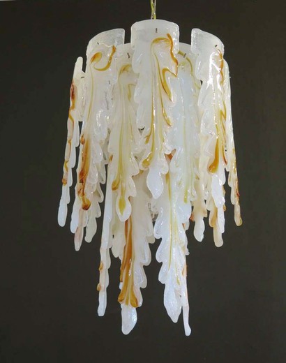 Italian milky white and amber "stalactites" Murano glass chandelier by Mazzega.