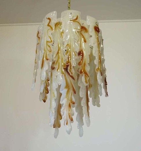 Italian milky white and amber "stalactites" Murano glass chandelier by Mazzega.