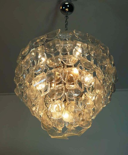 Italian vintage Murano glass chandelier. High quality piece made by 96 Murano  glass hooks (handmade) in a chrome frame.