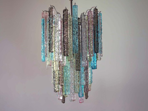 Fantastic vintage Murano chandelier made by 84 Murano crystal multicolored prism in a nickel metal frame.