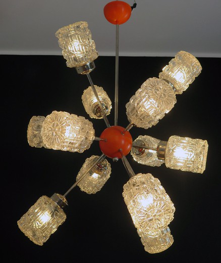 Italian sputnik chandelier made by 12 fantastic blown glass in nickel-plated metal frame and painted orange.