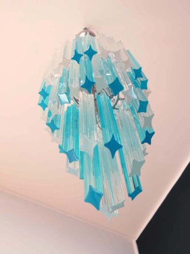 Fantastic and big Murano chandelier made by 54 Murano crystal prism (quadriedri) in a chrome metal frame. The shape of this chandelier is spiral. Glasses with two different colors, blue and trasparent.