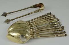 Antique set of 12 teaspoons and sugar tongs