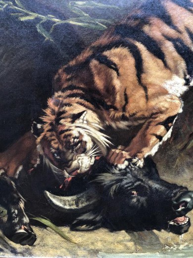 Antique painting "Tiger Hunt"