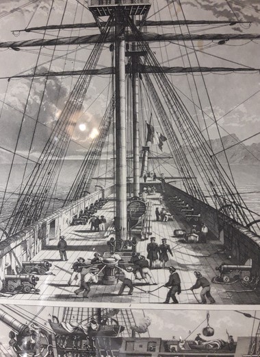 Antique engraving "A boat in section"