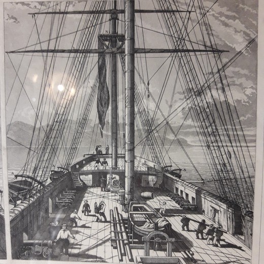 Antique engraving "A boat in section"