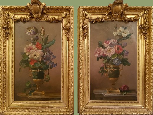Antique pair paintings "Flowers". Canvas, oil. The frames are made of gilded wood. The works of the famous French artist - Joseph Bale. France, XIX century.