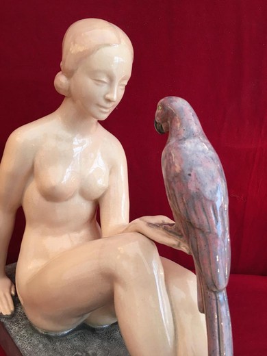Sculpture "Girl with a Parrot". Faience. The work of the famous French sculptor - Georg Chauvel. France, 1930's.
