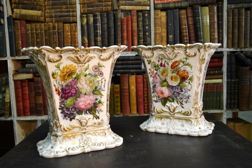 Antique pair vases. Made of porcelain. Decorated with paintings. France, XIX century.