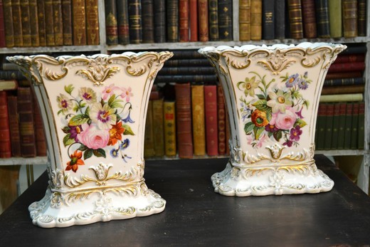 Antique pair vases. Made of porcelain. Decorated with paintings. France, XIX century.