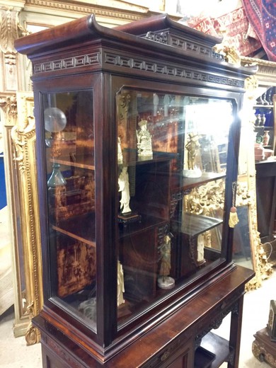Antique showcase in the oriental style of Gabriel Viardot. It is made of mahogany. Decorated with elements of bone and mother-of-pearl. France, XIX century.