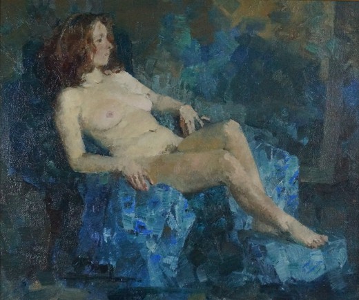 Antique painting of a nude on the blue fabric